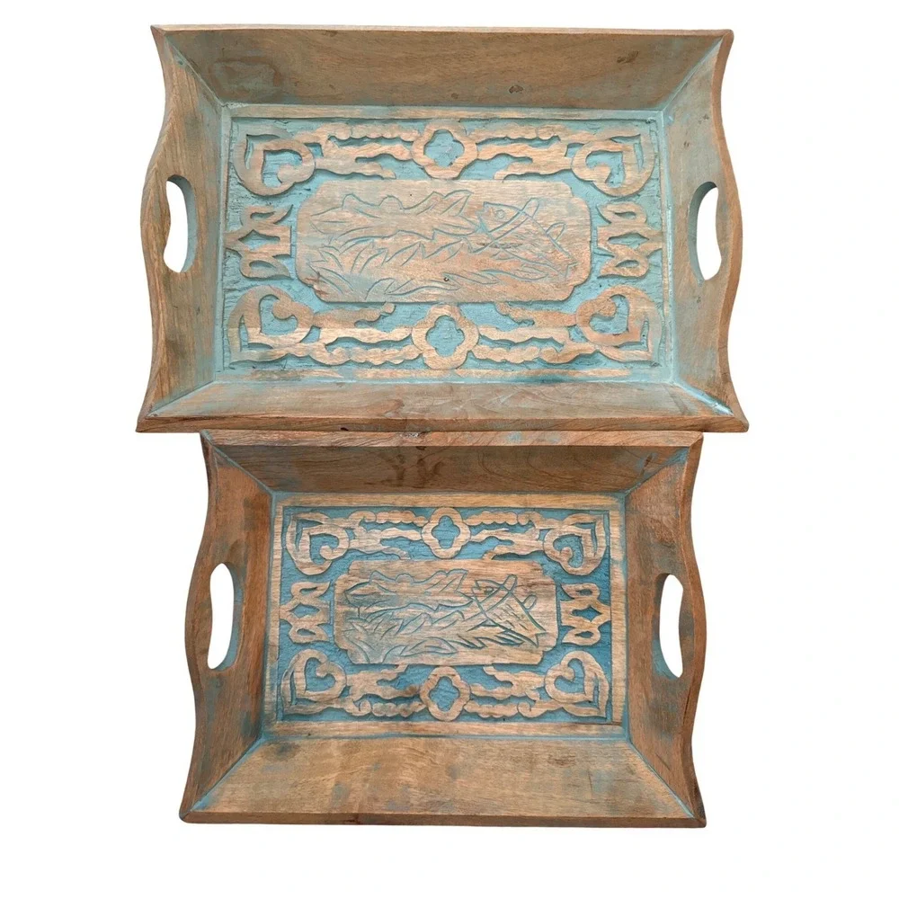 Hand Carved Wooden Nesting Tray Set Distressed Teal Blue‎ Rustic Decorative 2pc